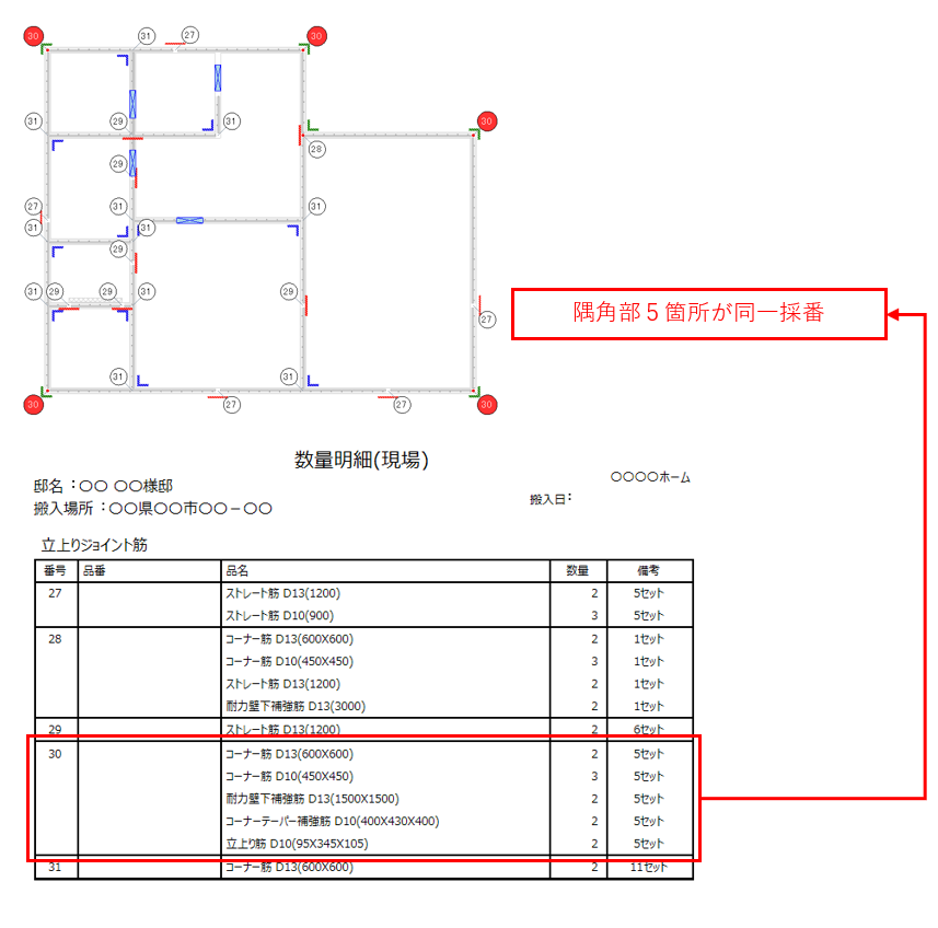 現場用部材一覧表(付属鉄筋・ジョイント詳細別割付番号)