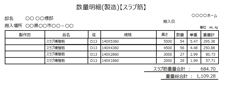 製造用部材一覧表(数量明細) スラブ筋